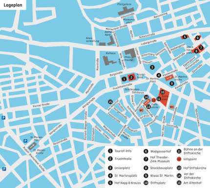Lageplan. An diesen Orten wird etwas gezeigt: Fruchthalle, St. Martinsplatz, Hof Kopp & Krauss, Unionplatz, Wadgasserhof, Wiese St. Martin, Stiftsplatz, Hof Theodor­Zink­Museum, Stockhausplatz, Hof Stiftskirche, Bühne an der Stiftskirche, vor der Stiftskirche, Am Altenhof. Alle Fragen während des Festivals beantwortet der Infopoint am Stiftsplatz.